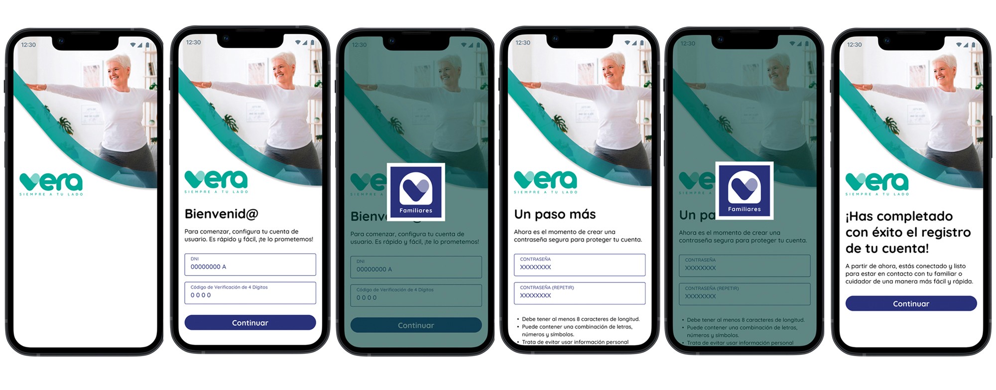 Pantallas mobile mostrando el onboarding de la app cuando se usa por primera vez. Se puede ver el proceso de validación y registro personalizado