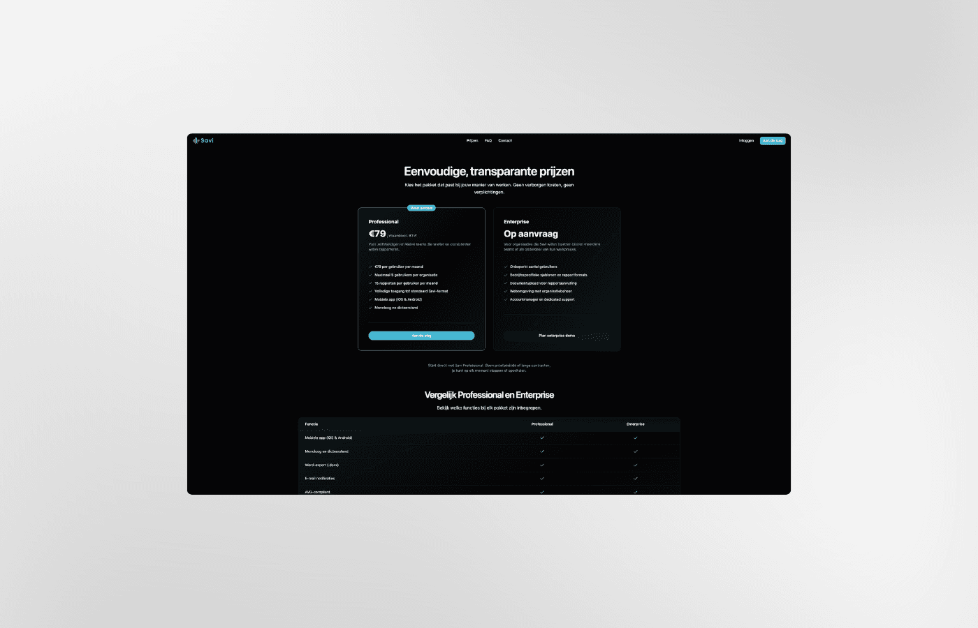 Savi abonnementspagina met Professional-pakket voor schaderegelaars en Enterprise voor grote organisaties