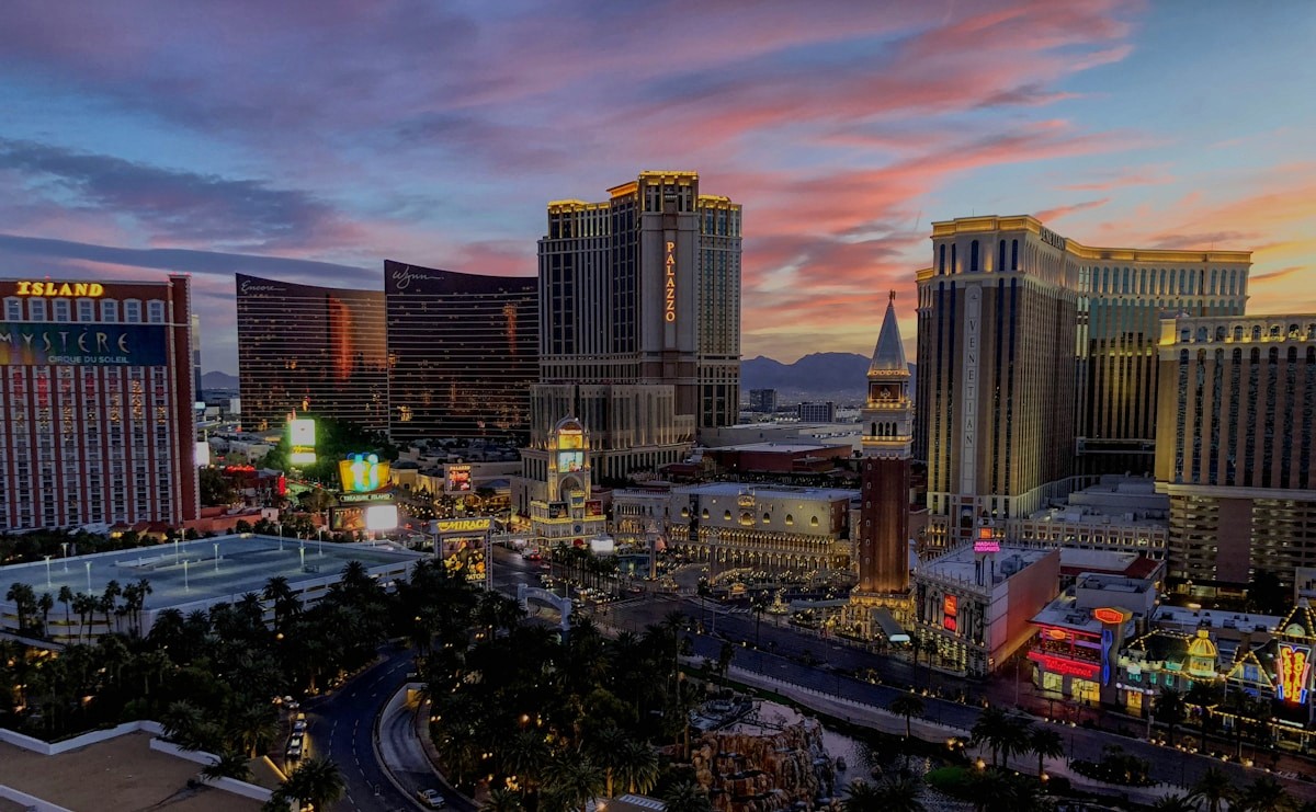 Aerial view of the Las Vegas Strip and surrounding business district