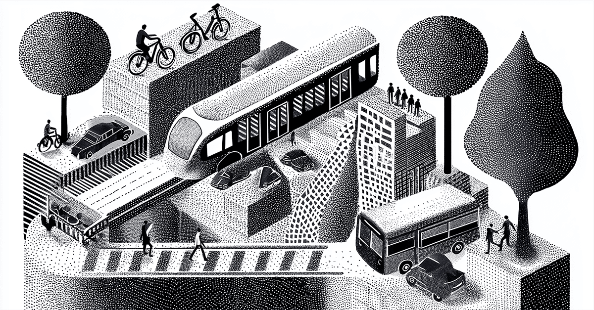 Illustration of a city scene featuring a train, bus, car, bicycles, and pedestrians. A concept of public transportation. Mobility and Transport Innovation.