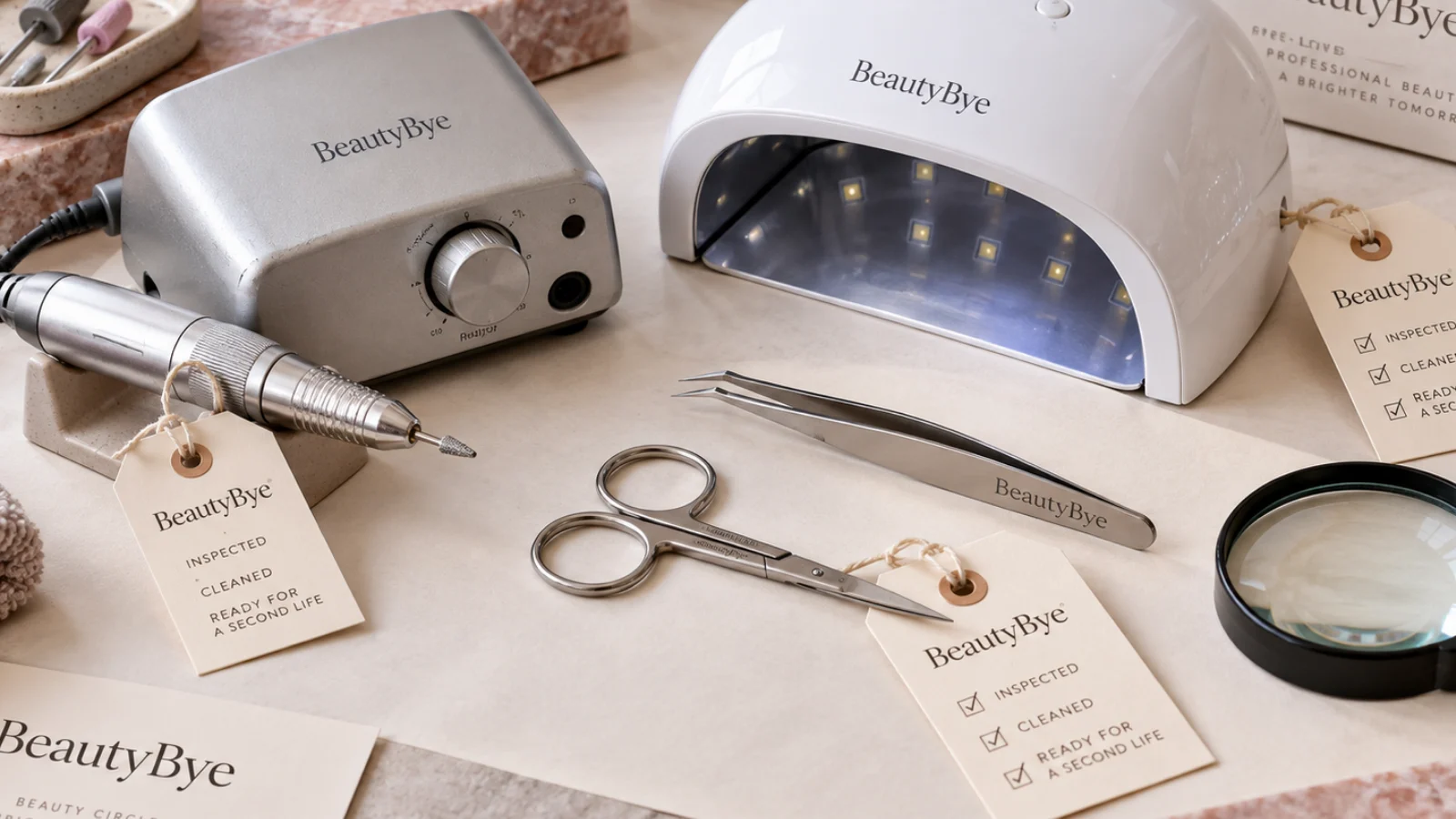 BeautyBye professional manicure drill and nail tools arranged for inspection