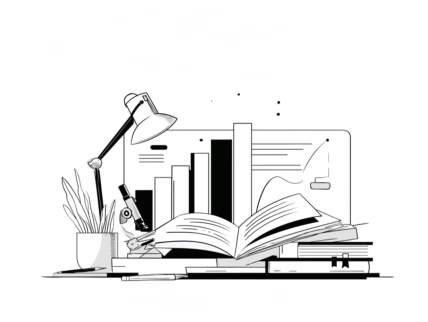 Line illustration of an open reference book in front of a monitor showing a bar chart