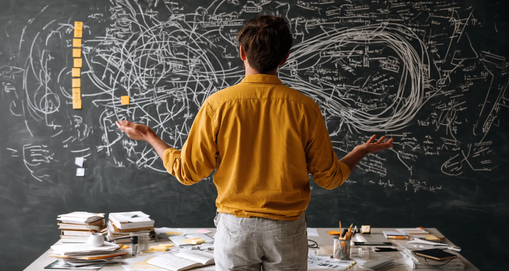 Founder standing in front of a whiteboard filled with competing ideas, with one clear path highlighted