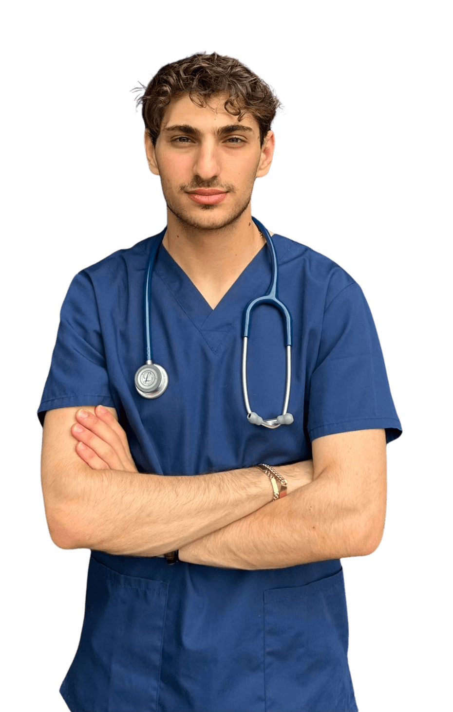 Soheel wearing blue scrubs