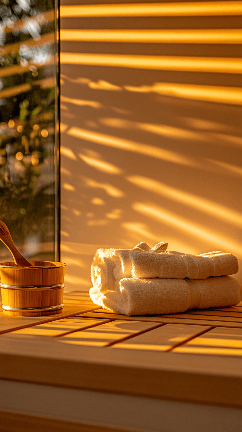 A cozy scene with warm sunlight casting stripes, featuring a potted plant and soft towels on a window sill.