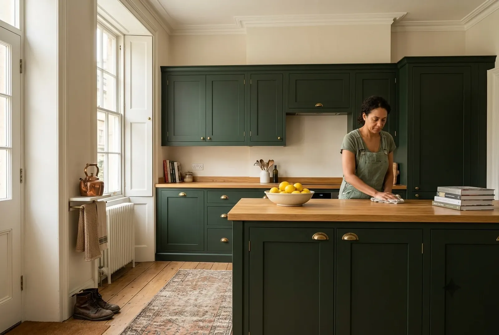 A family kitchen with hand-painted deep green cabinets, brass handles and warm white walls