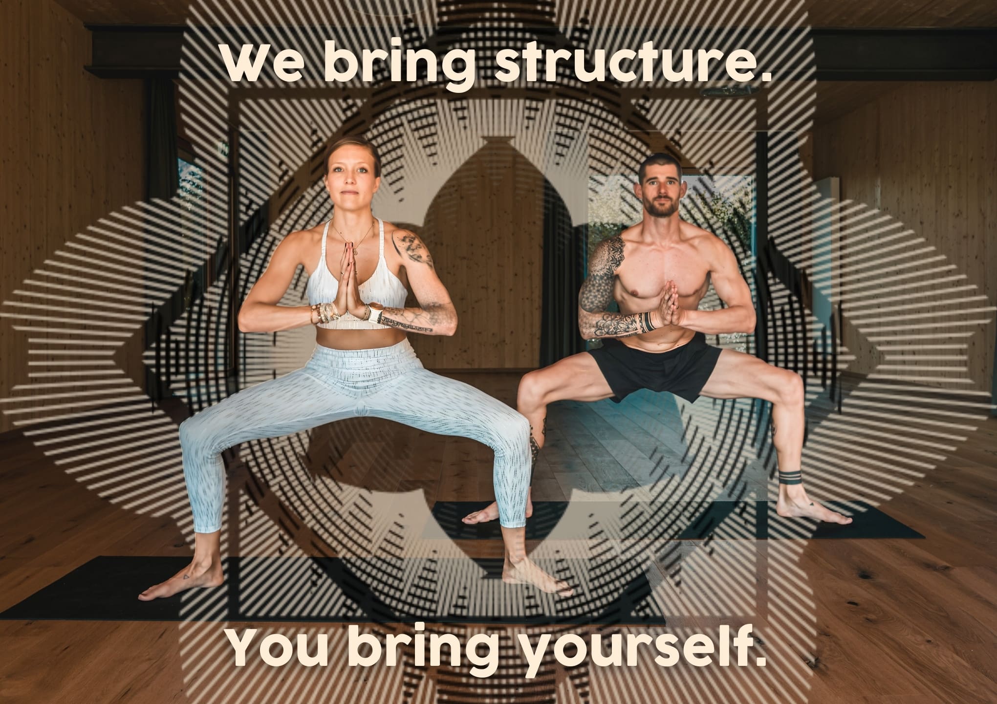 Wolfpack cover image of Bre and Flo practicing yoga in a wooden studio, with hands in prayer pose. Text overlays: "We bring structure. You bring yourself."