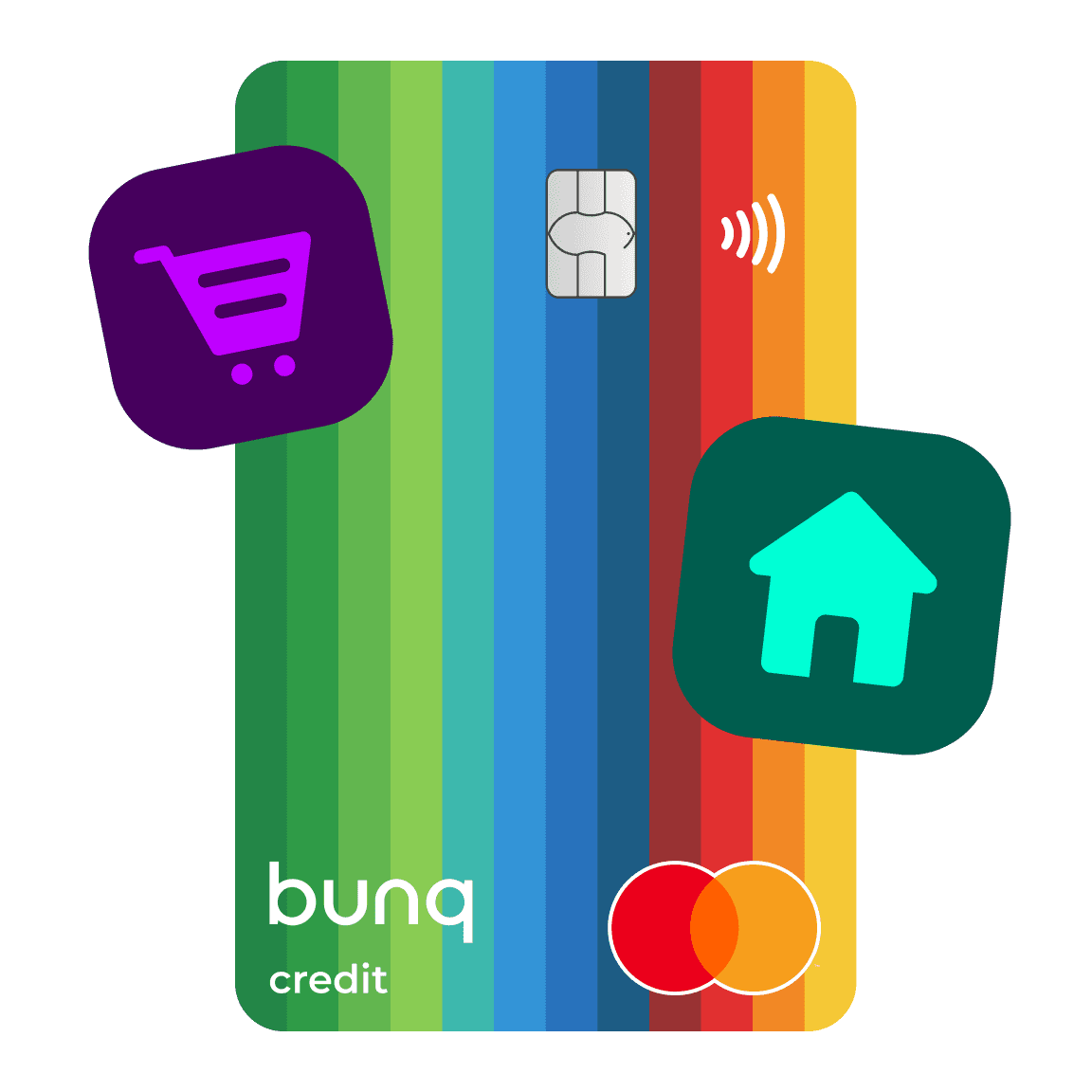Transaction overlay on a colorful bunq card showing spending in different categories.