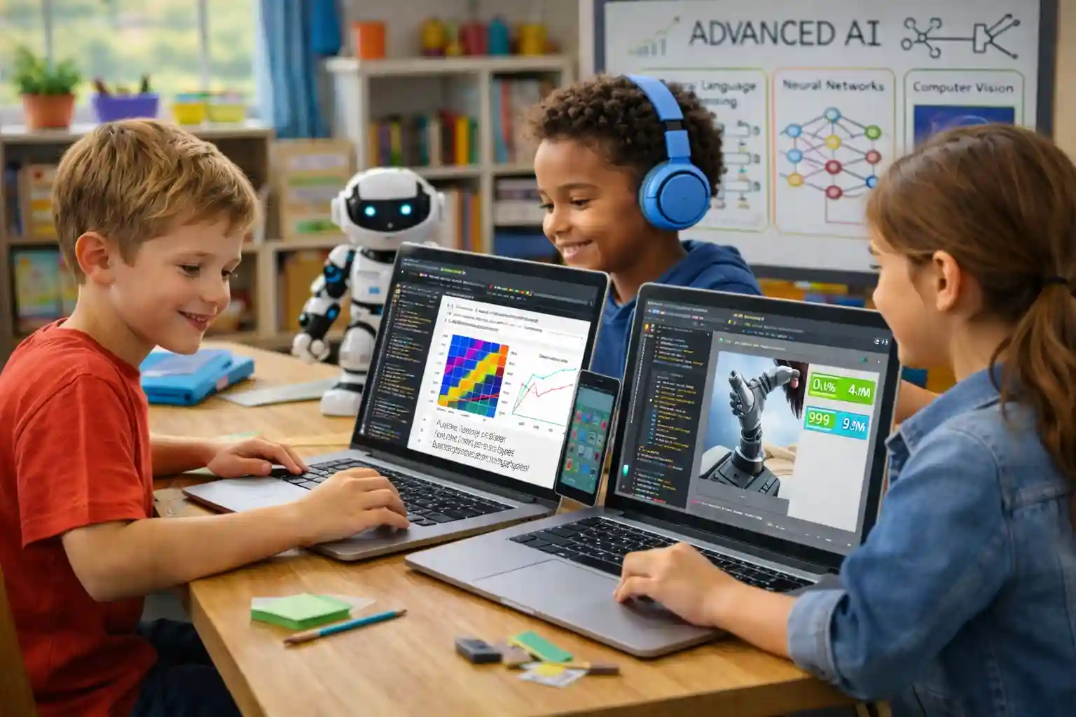 Kids learning basic artificial intelligence concepts through hands-on activities