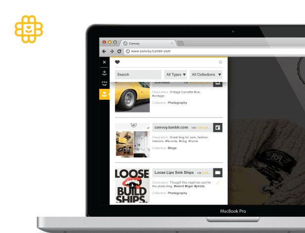 A MacBook Pro laptop displays a web browser window showing a Tumblr page with thumbnails of photos. The browser’s address bar shows “www.conway.tumblr.com,” and the “All Types” and “All Collections” dropdowns are visible. The left side of the screen shows a yellow smiley face logo. The right side displays a dark gray background with a partially visible image of a knitted item.