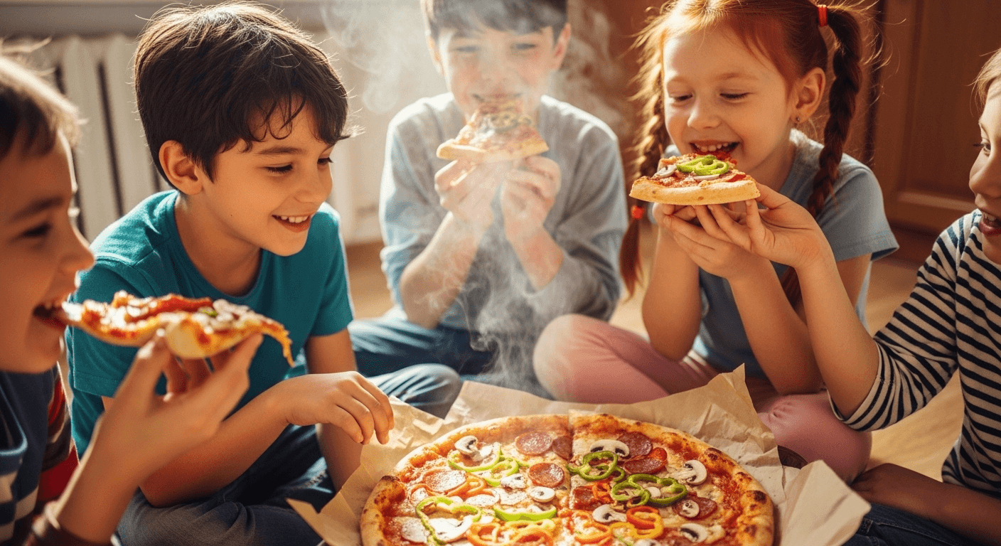 Kids eating pizza, enjoying a fun meal together. 