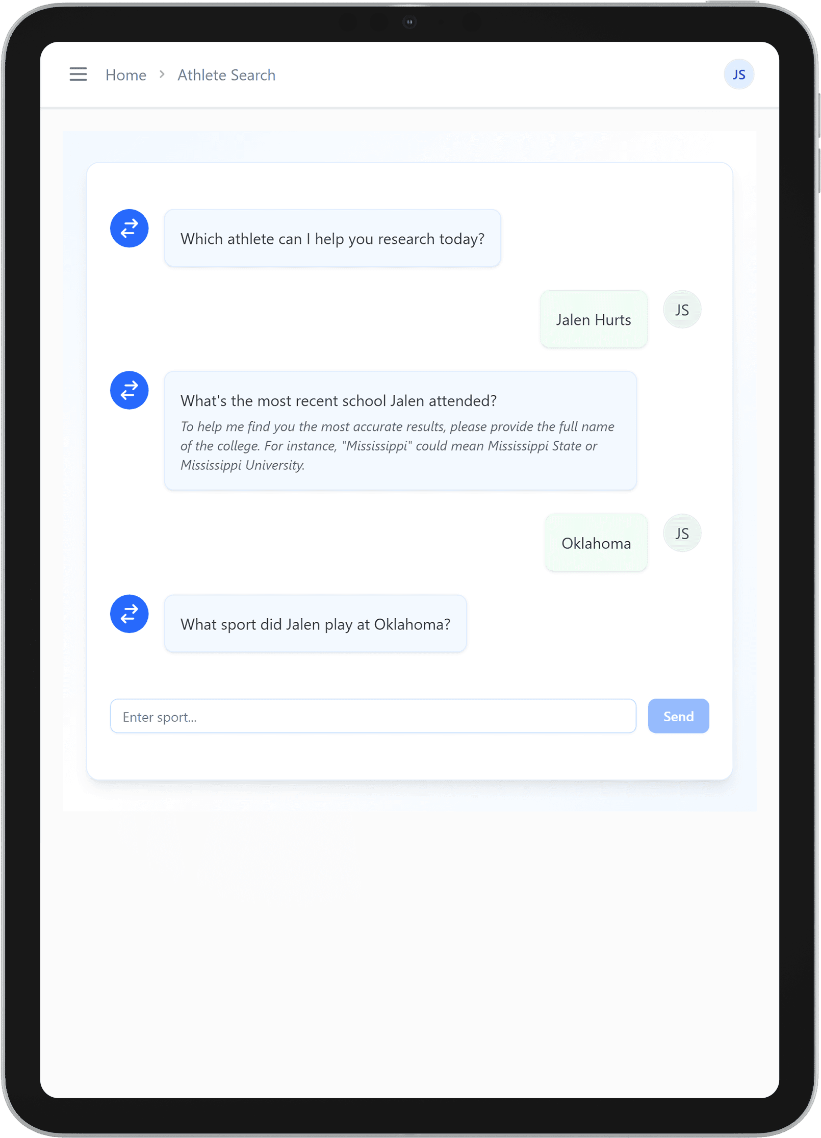 A tablet showing a search for a transfer athlete