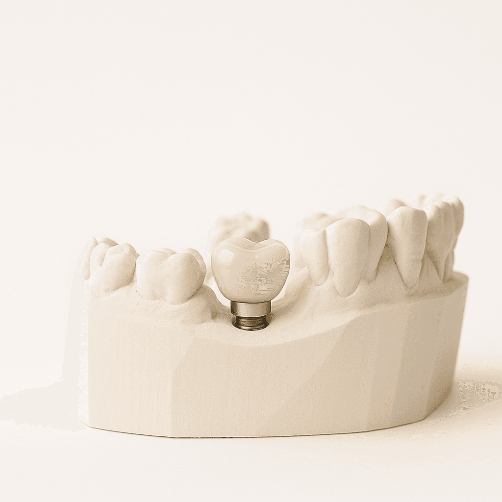 Vienmomentės dantų implantacijos vaizdas – implantas žandikaulio modelyje