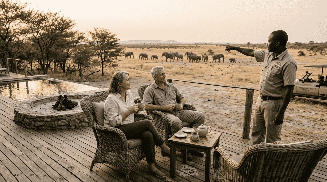 Luxury lodge deck overlooking Etosha safari
