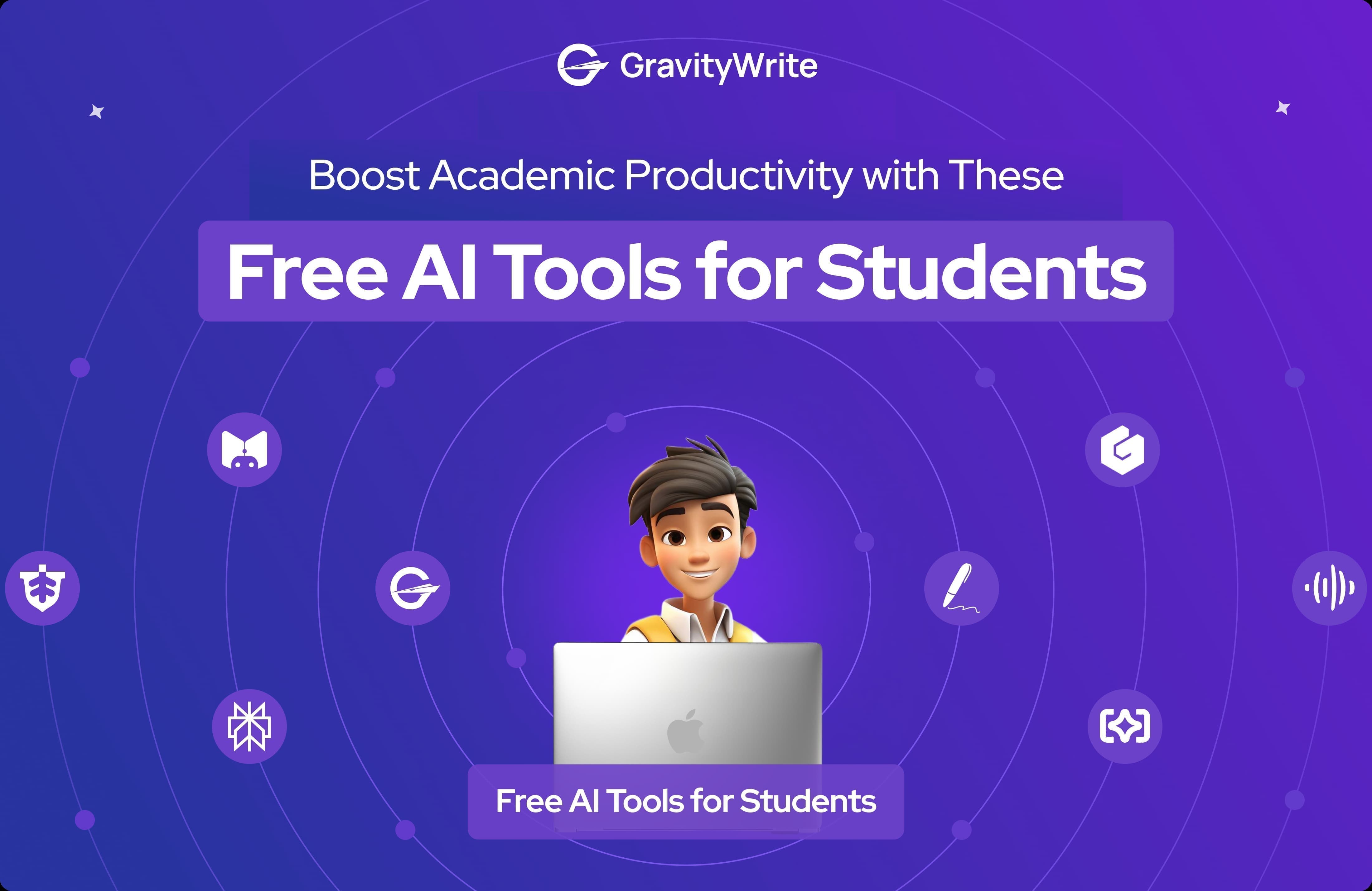 Image of a smiling animated student using a laptop, surrounded by AI tool icons, with GravityWrite promoting free AI tools for students. 