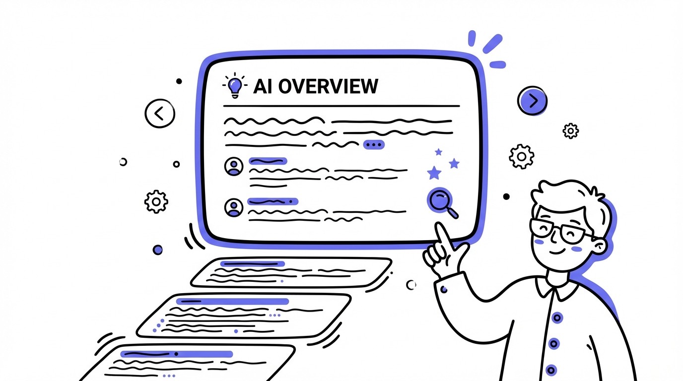An illustration showing a large, dominant AI Overview box with summarized information at the top of a search results page, visually overshadowing and compressing smaller, traditional blue-link search results below it.