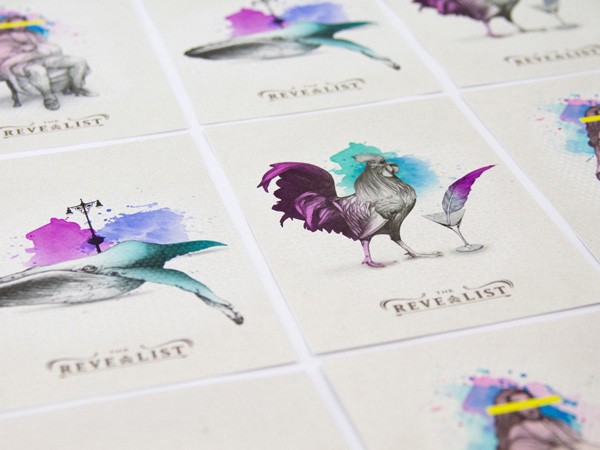 The image shows a collection of nine square cards arranged in a 3x3 grid on a white background. Each card features a stylized illustration and text. The illustrations include a whale with a light blue body and purple and blue splashes behind it, a rooster with a gray and white body and a purple tail, and a wine glass with a purple liquid inside and a purple feather next to it. The text “THE REVELIST” is printed below each illustration in a dark brown or black font.
