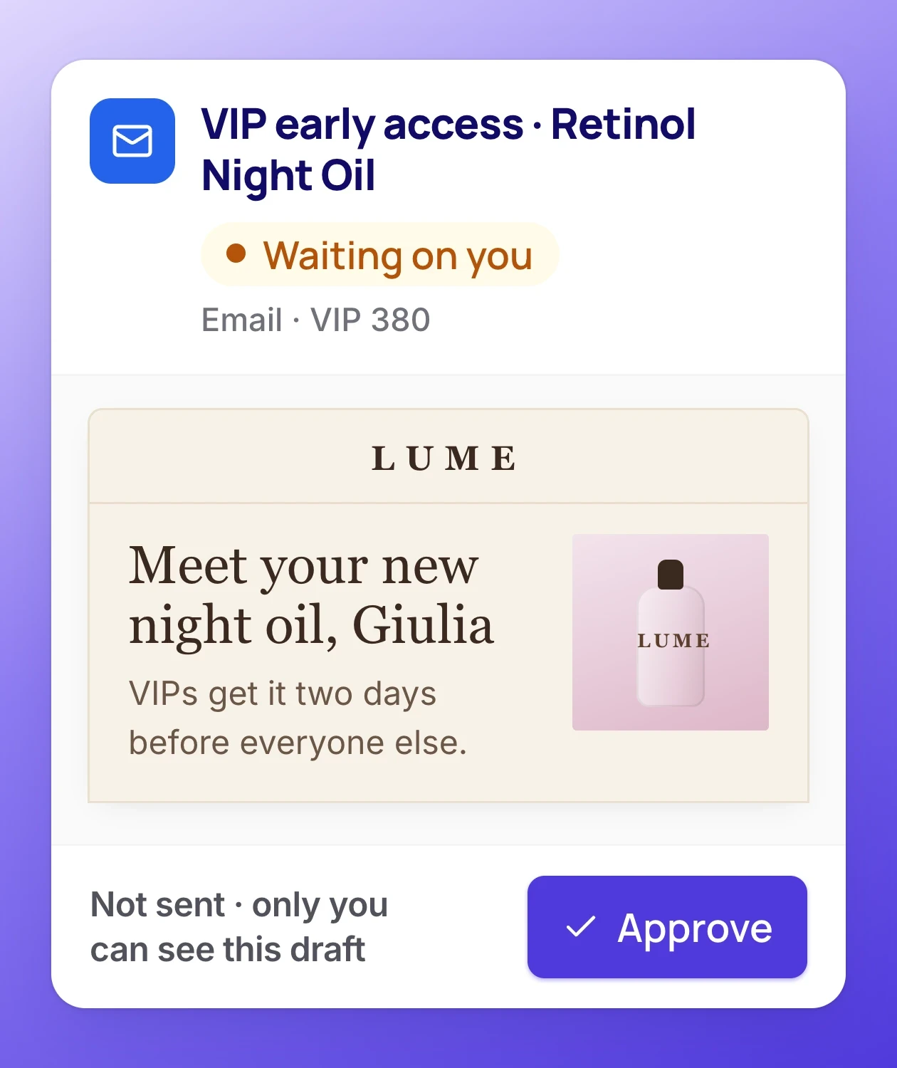 VIP early access email draft waiting for your approval