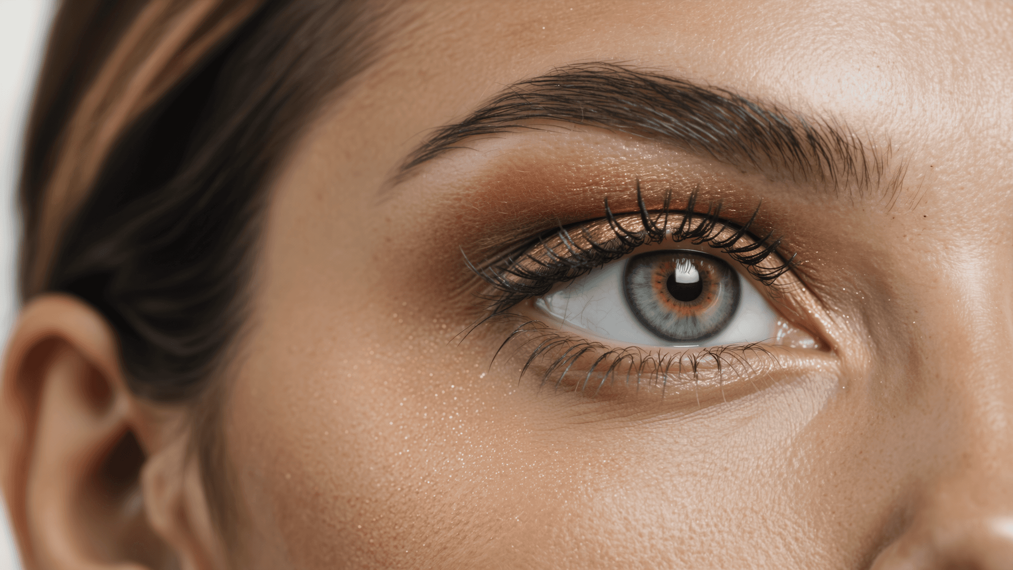 Nahaufnahme des Auges eines KI-Models mit goldenem Lidschatten, langen Wimpern und warmem Licht, das Details von Iris und Haut betont