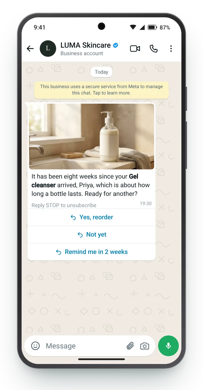 Reorder, not yet, or remind me later: WhatsApp reorder reminder on an Android phone