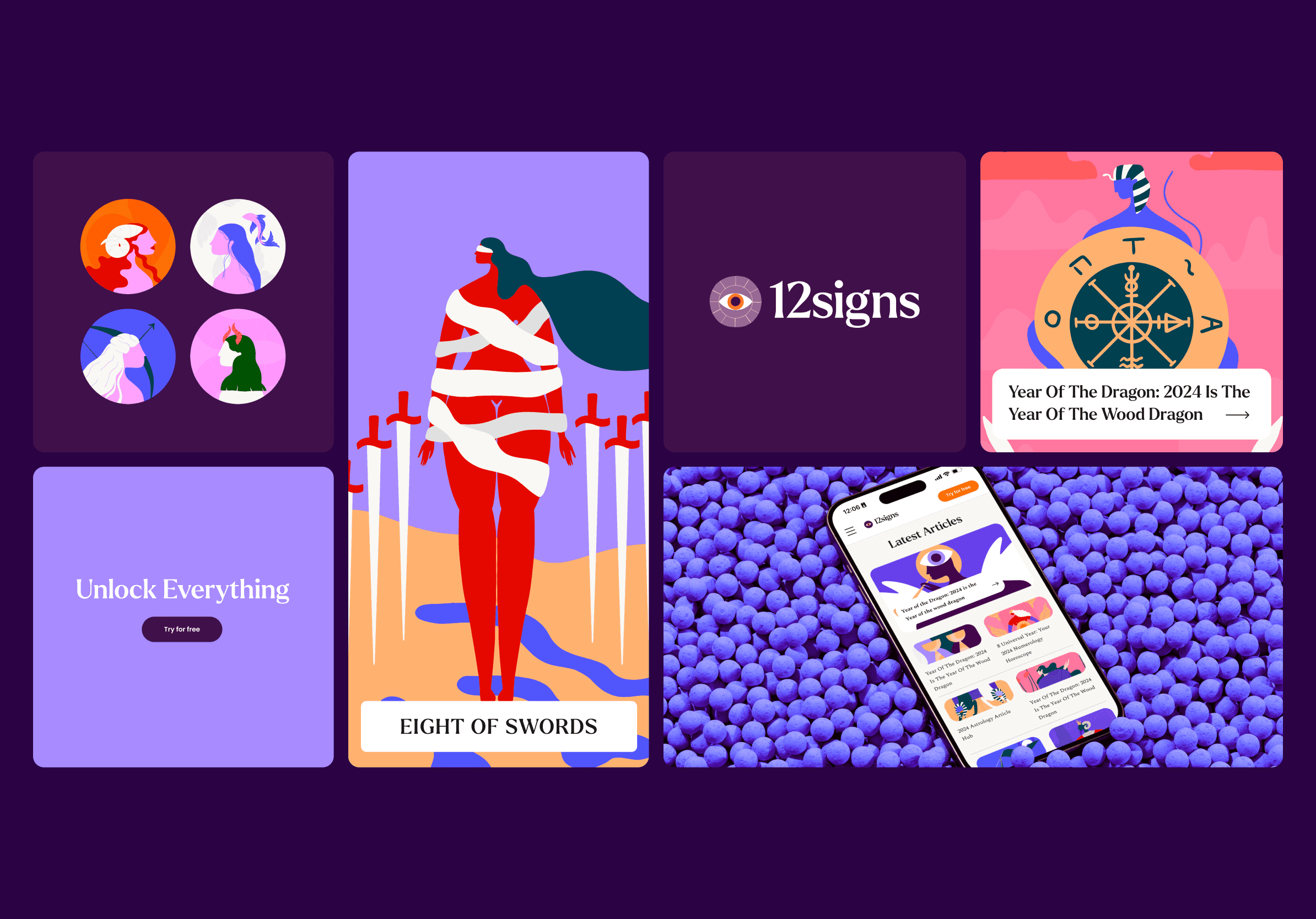 Bento grid design of 12Signs, featuring vivid Tarot cards illustrations — designed by Lunatique Studio