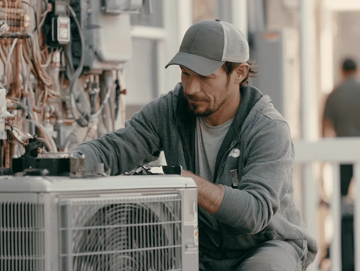 HVAC tech repairing AC unit