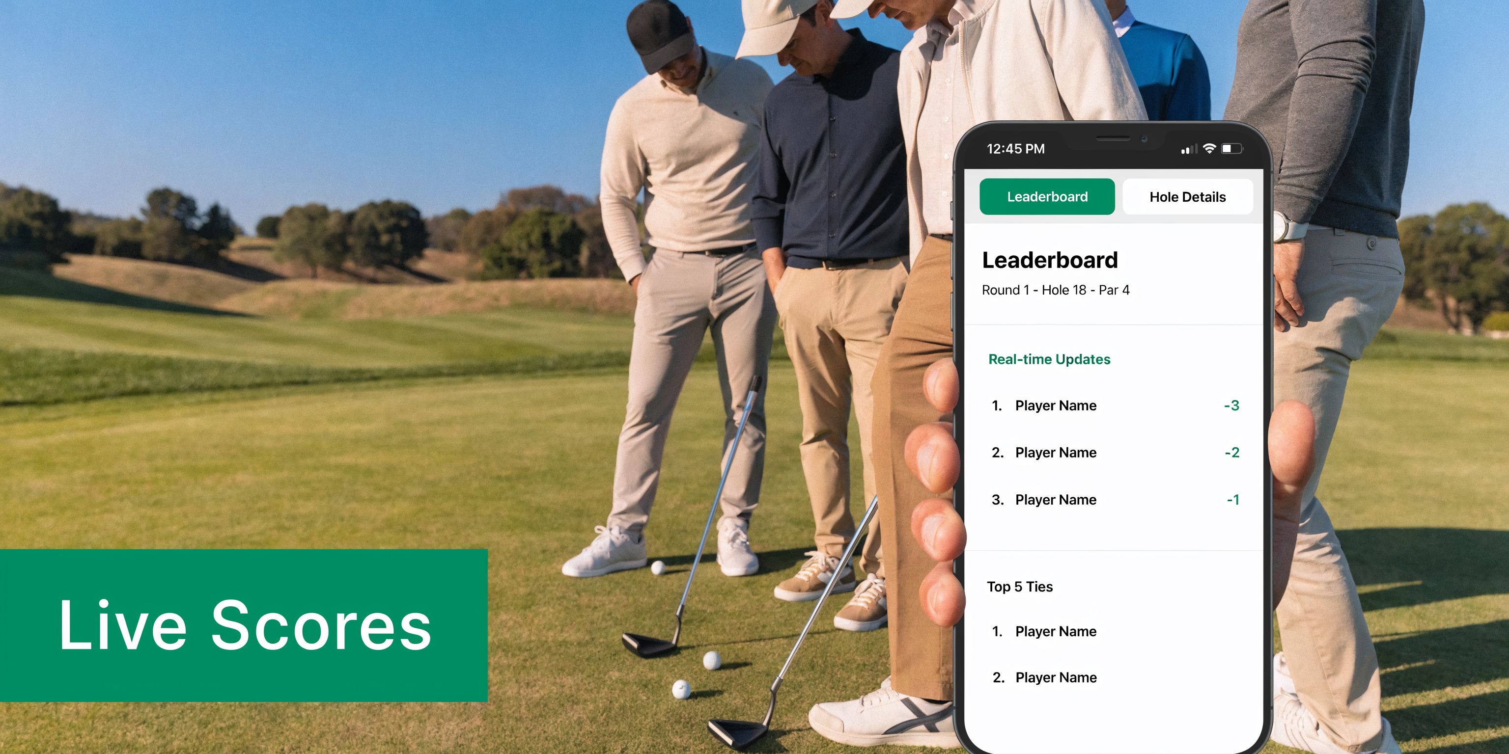 A group of golfers standing on a green course with a phone displaying live score updates.