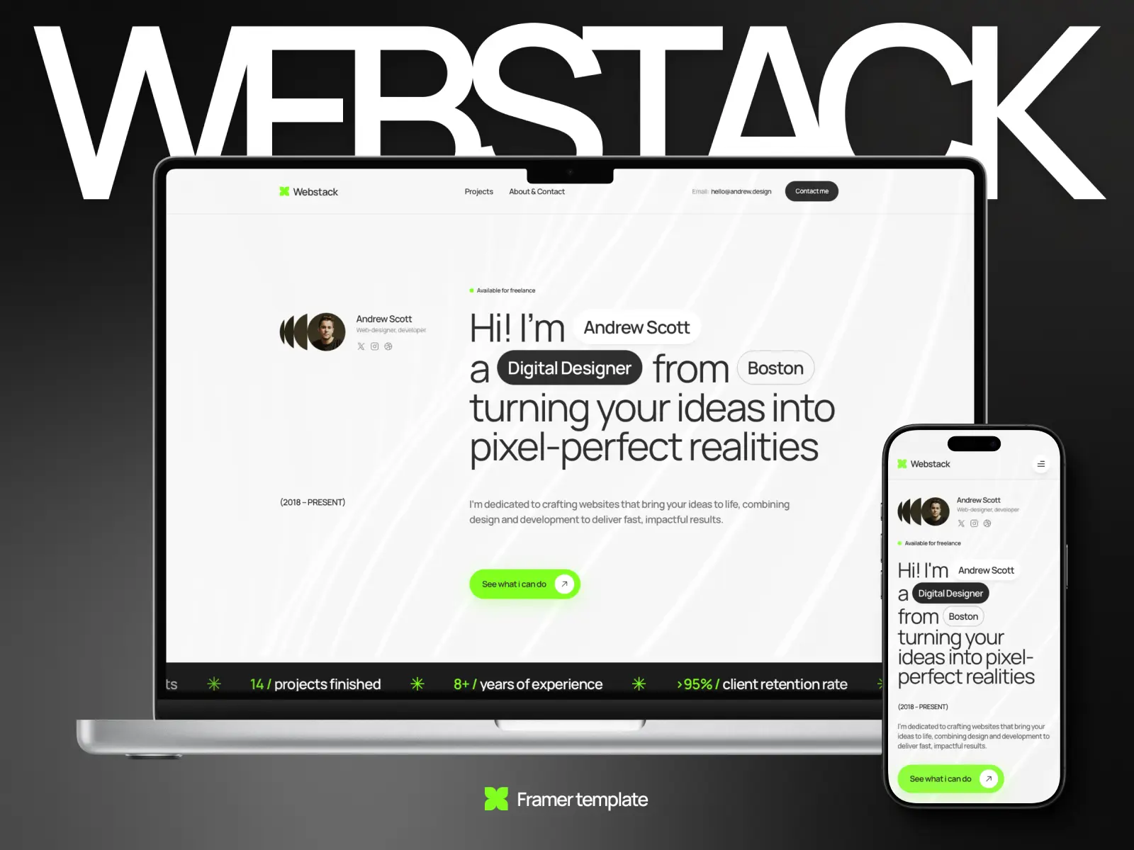 Webstack designer portfolio Framer template shown on desktop and mobile with a clean minimalist layout and bright green accents.