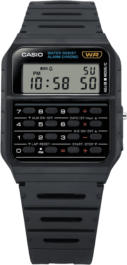 Casio CA-53W digital calculator watch in black, with an LCD display above a calculator keypad on a resin strap.