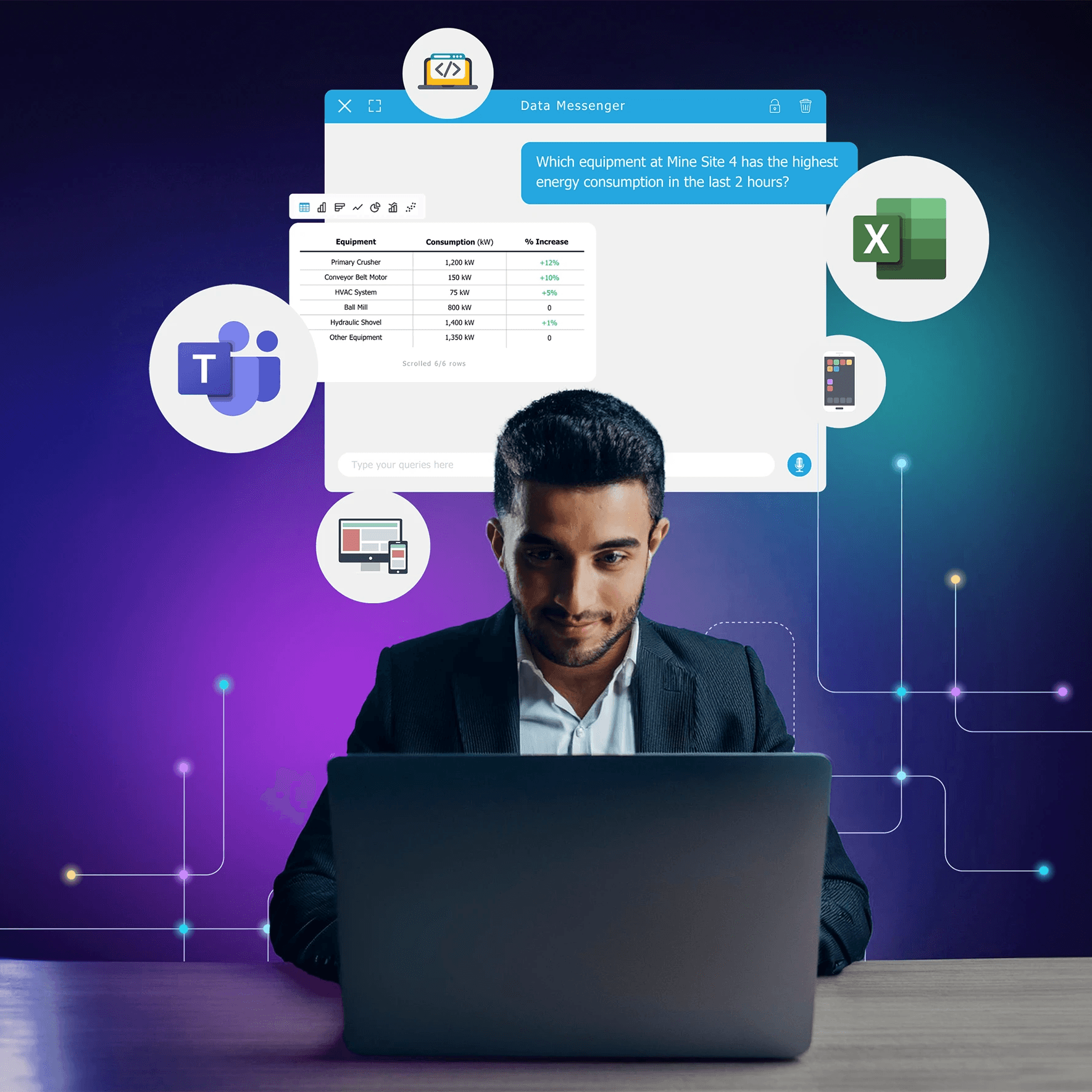 Image showing a professional using Chata.ai data messenger with different tools such as MS Teams and MS Excel in the background