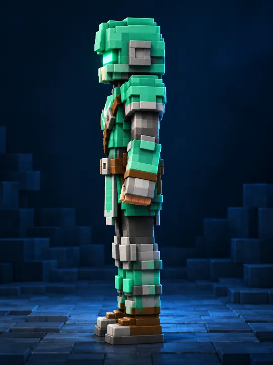 Side view of the emerald voxel fighter