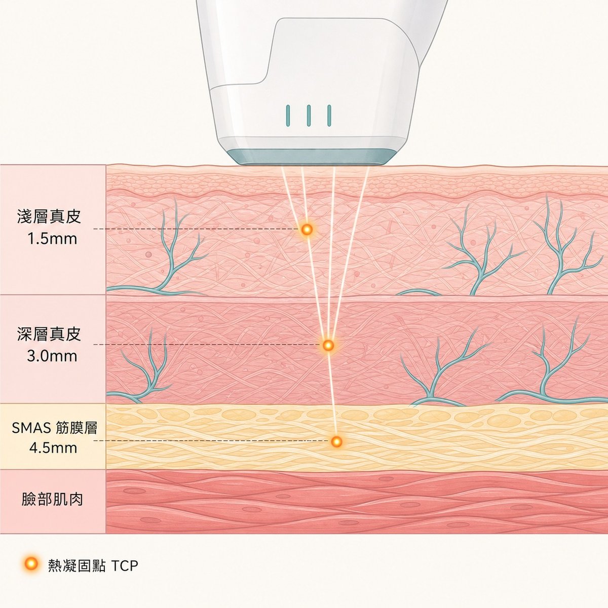 面部皮膚剖面示意圖,標示音波探頭 1.5mm、3.0mm、4.5mm 三種深度分別抵達的組織層次與熱凝固點位置
