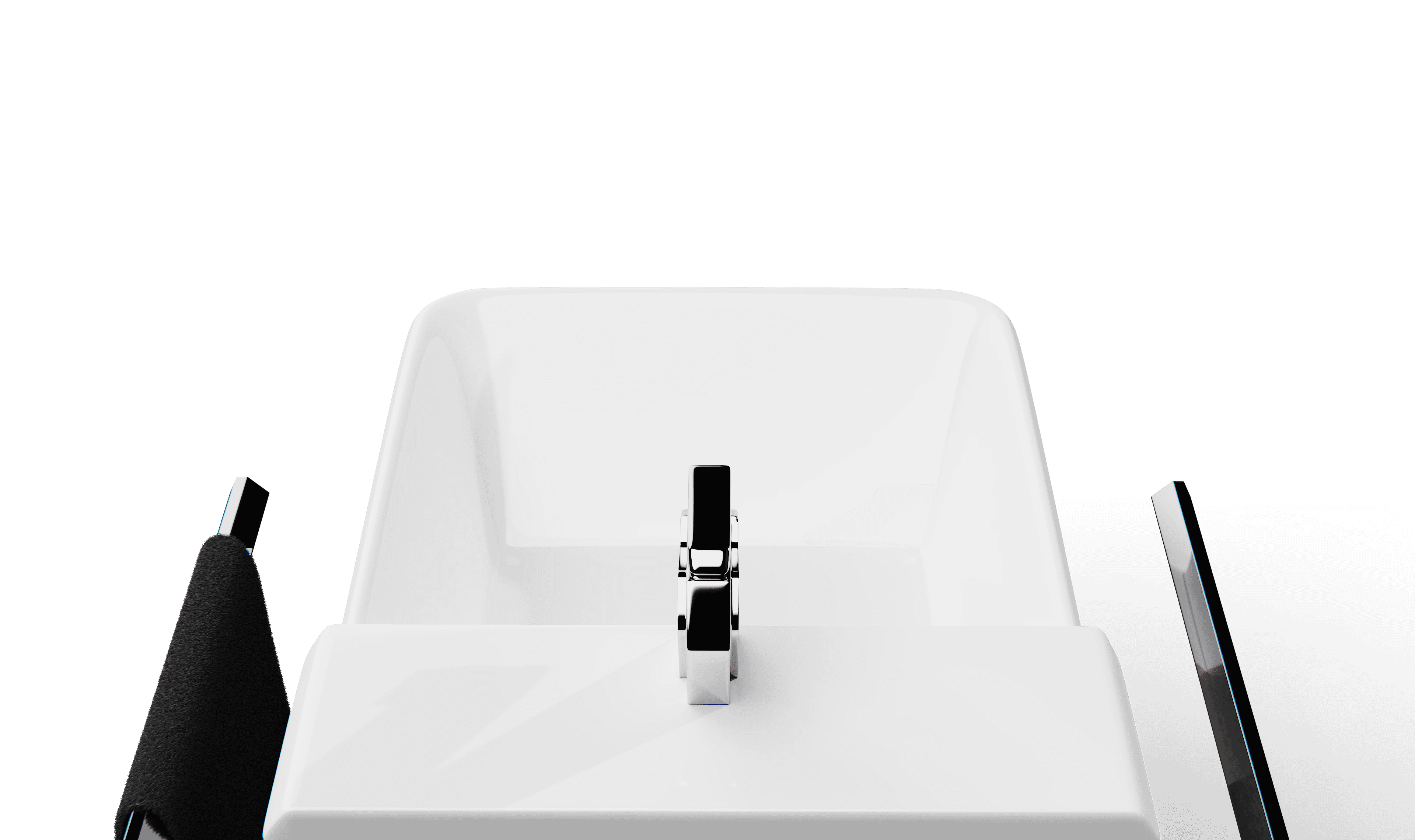 Top view rendering of the washbasin and faucet from the Kane bathroom accessories collection in bright white lighting on a transparent background.