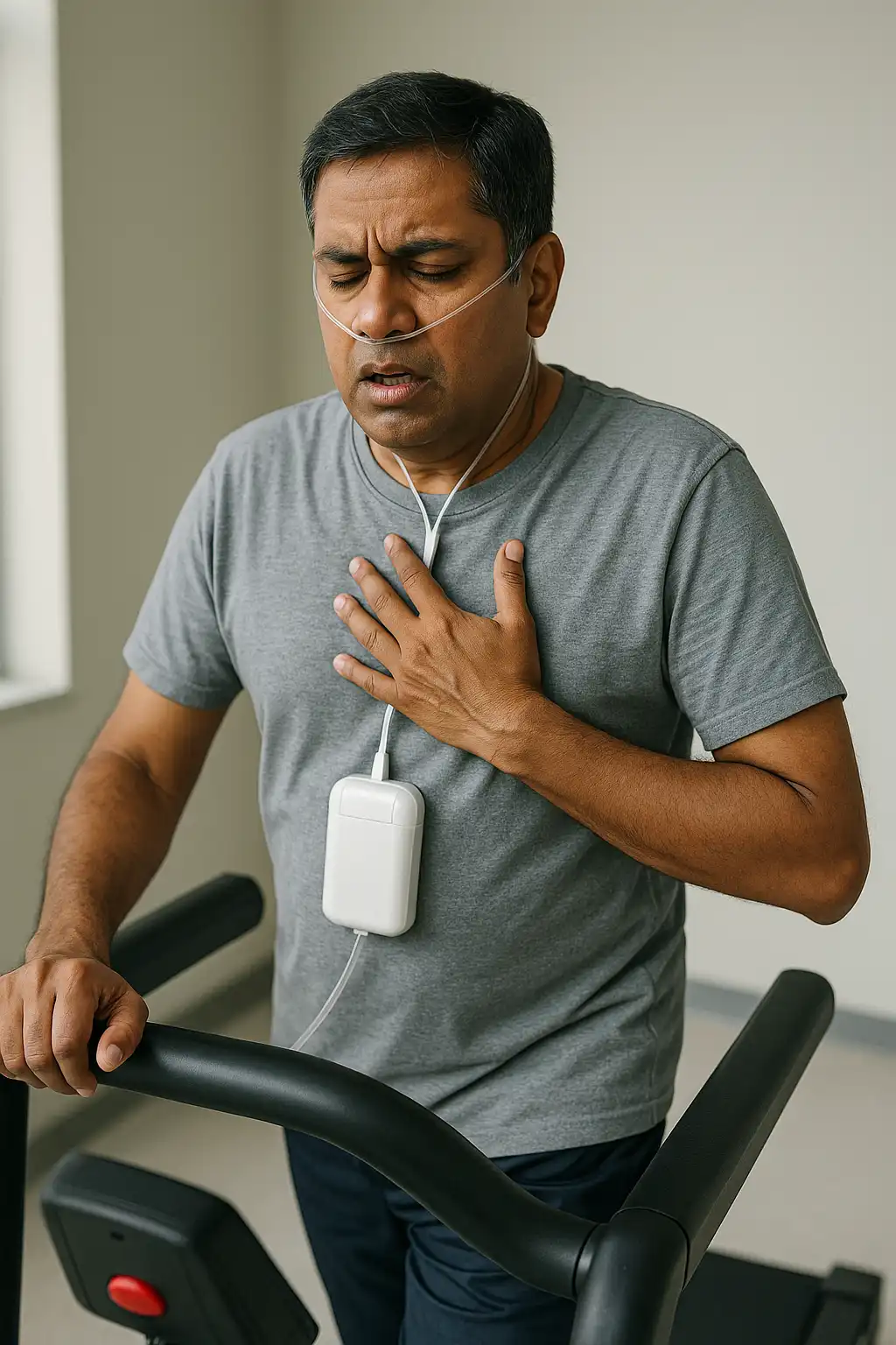 Man exercising on a treadmill with an oxygen tube, experiencing chest discomfort during cardiac endurance rehabilitation.
