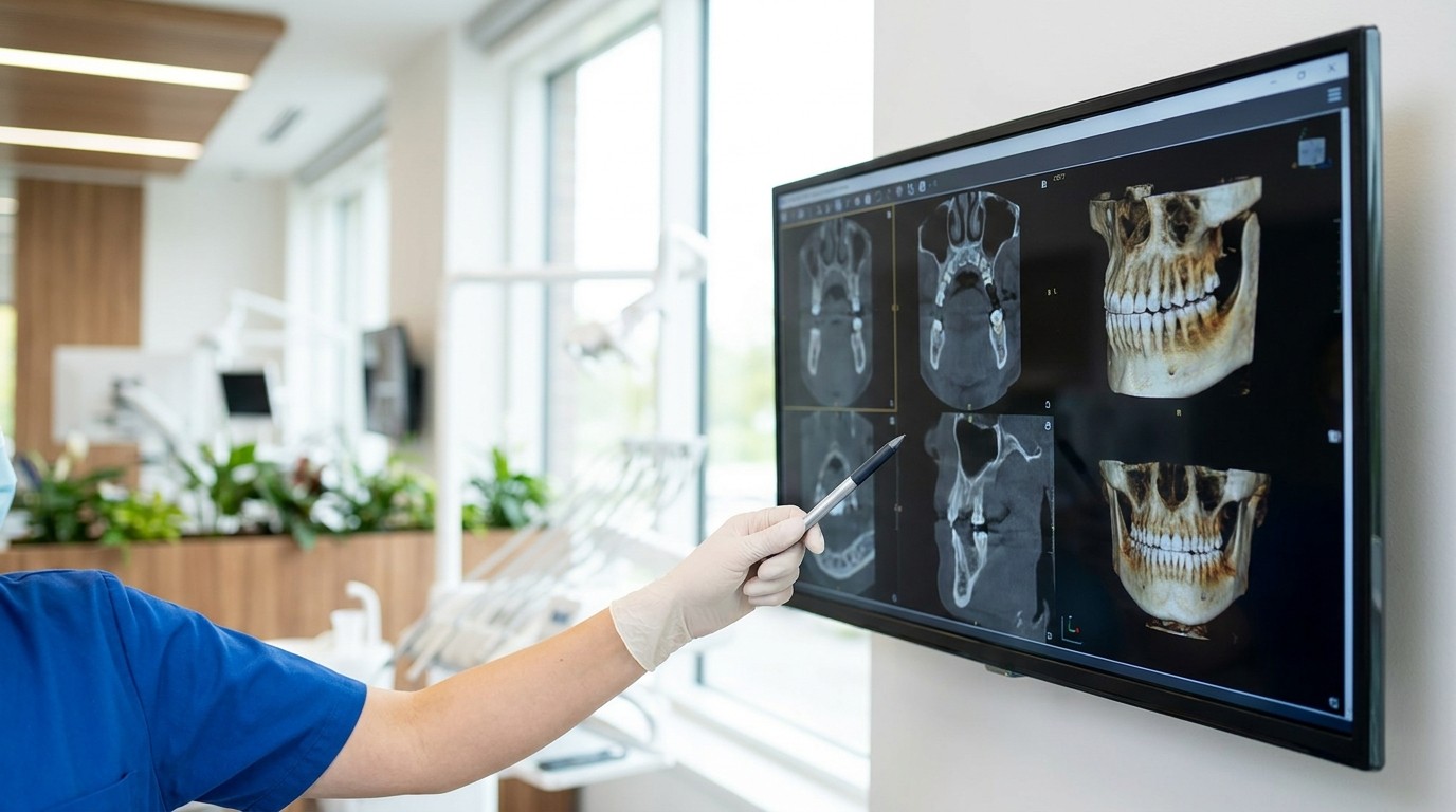 A dentist reviewing a 3D CBCT jaw scan to plan implant timing after an extraction.