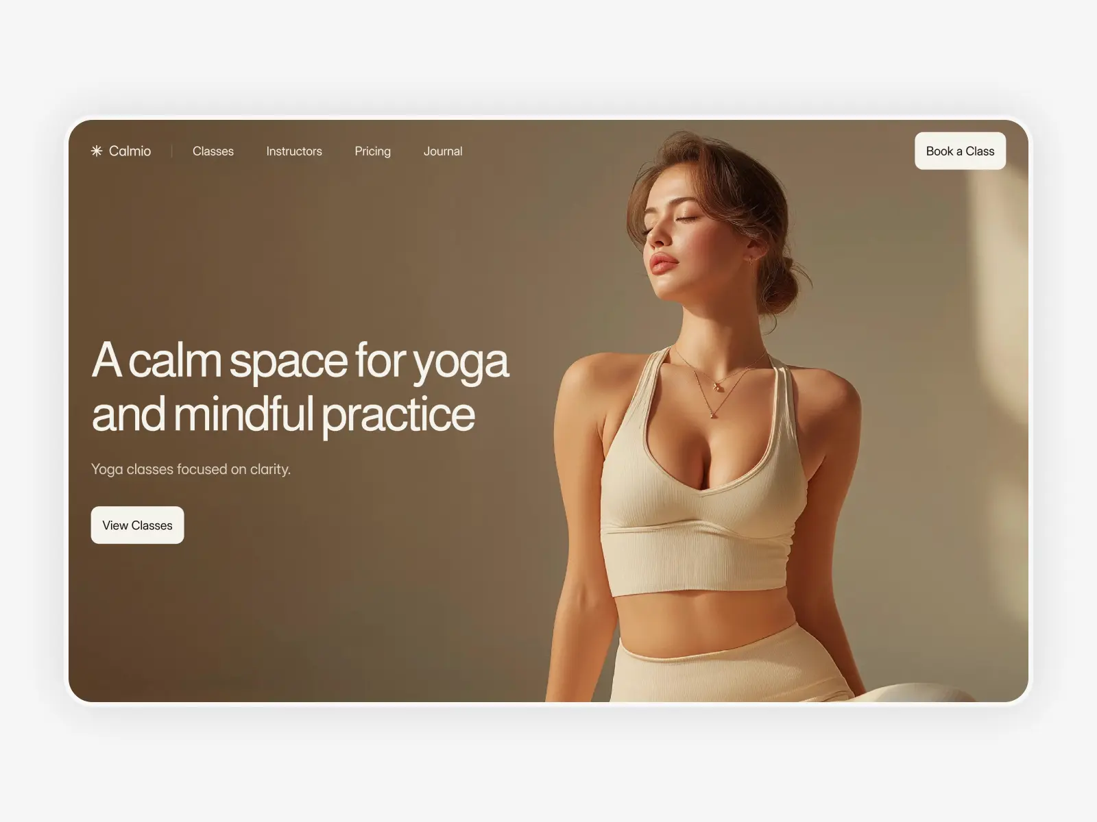 Yoga studio website homepage with soft neutral background, large headline text, and clear call to action button designed for readability and calm visual experience.