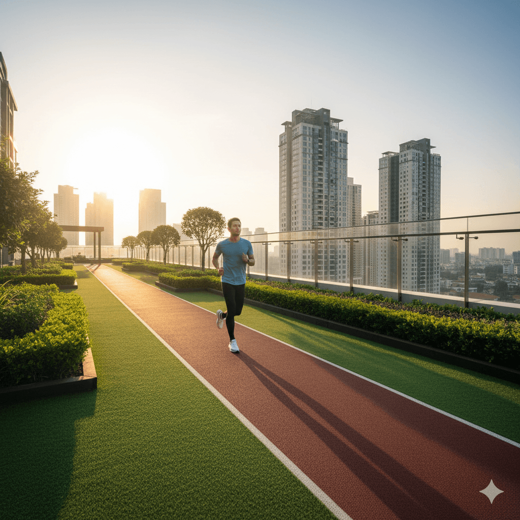 Residential rooftop jogging track surrounded by greenery, fitness amenity