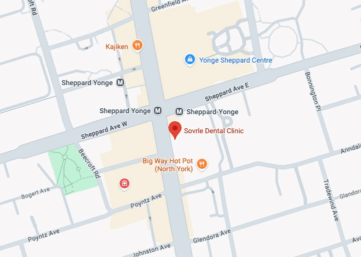 Map of Sovrle Dental Clinic located at the intersection of Yonge and Sheppard in North York, Ontario
