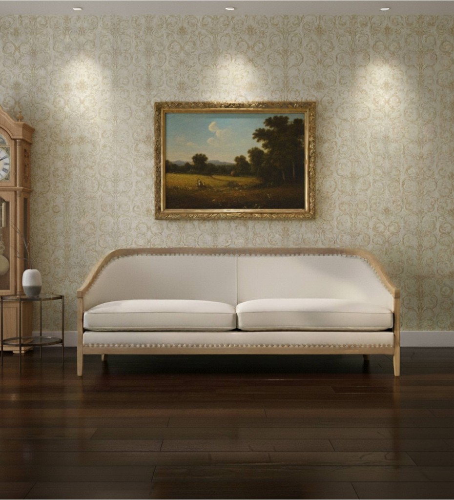 Contemporary cane sofa with olive green upholstery and solid wood frame for luxury living room
