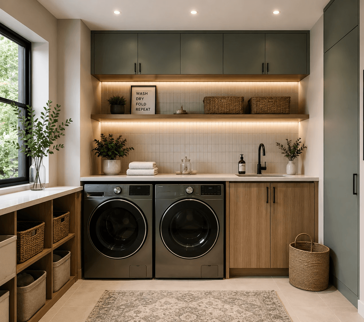 Contemporary laundry room with white cabinetry, large window, stylish storage solutions, double washer and dryer, wooden countertops, and organized baskets, providing a functional and aesthetically pleasing environment for laundry.