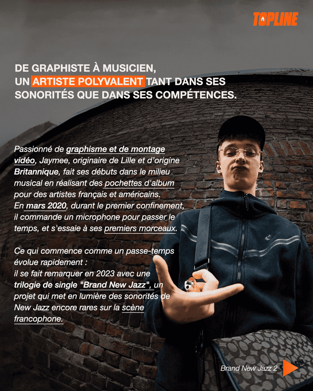 Exemple de post vidéo ('Nos Coups de Cœur') pour les réseaux sociaux du média TopLine. La miniature présente un artiste de rap (ou hip-hop) en gros plan, portant une veste en jean et un sweat à capuche, le visage partiellement masqué, créant une ambiance mystérieuse et underground. Le titre 'NOS COUPS DE CŒUR' est affiché en typographie manuscrite blanche, avec un cœur stylisé. Une pastille orange au-dessus liste les artistes découverts (Jaymee, Rod Wave, Bushi). Le bouton 'Play' central indique un format vidéo. Le picto flamme (TopLine) est en haut à droite. Ce post est conçu pour générer du trafic et de l'engagement sur les plateformes mobiles, illustrant l'expertise de Nux-Studio en création de contenu vidéo, direction artistique et graphisme digital pour la promotion musicale et la découverte d'artistes.