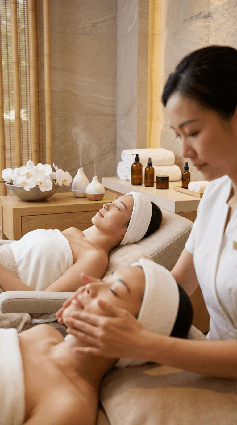 香港美容院引流活動現場，美容師為客戶提供專業面部按摩及護理體驗。