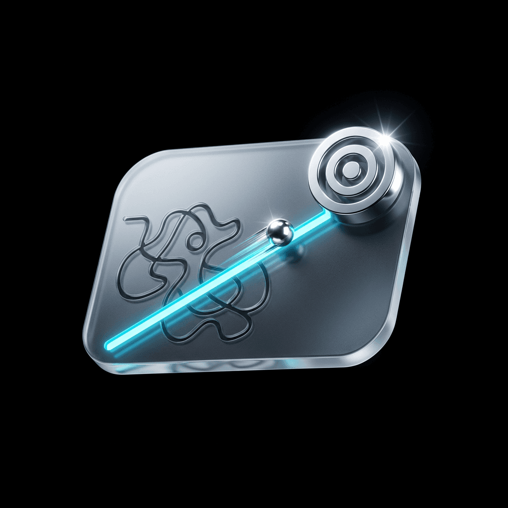 Premium 3D geometric UI render on a black background. A frosted spatial glass panel features a complex, tangled groove next to a straight, brilliantly glowing cyan track. A polished chrome sphere accelerates rapidly along the direct cyan path toward a heavy chrome target node, representing a frictionless user experience.