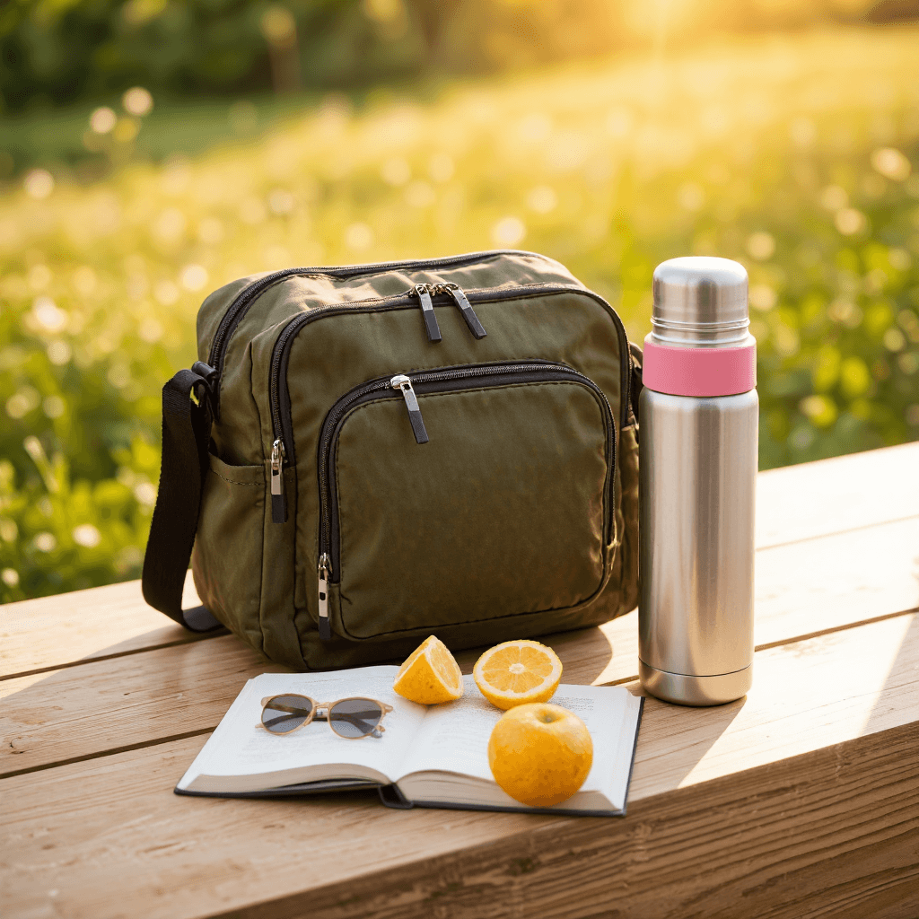 product photography of a shoulder bag with a thermos