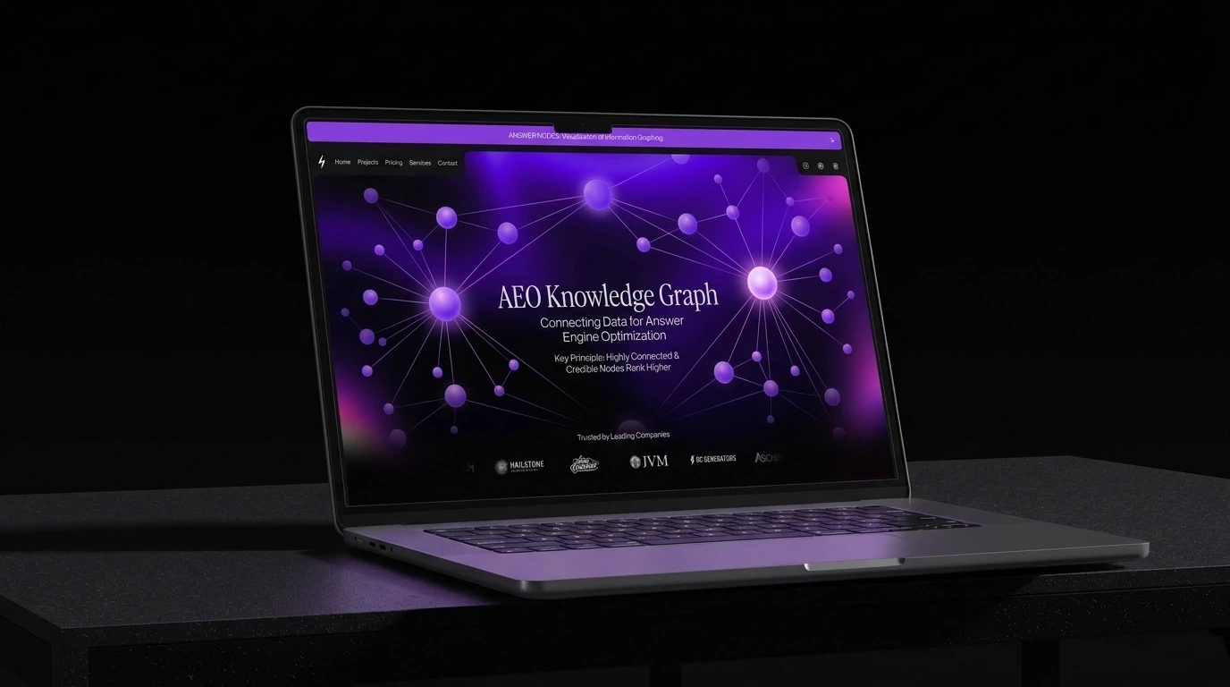A technical visualization of 'Answer Nodes' connecting in a dark-themed space with violet and magenta gradients. Each node represents a piece of structured data that an AI engine can easily interpret.