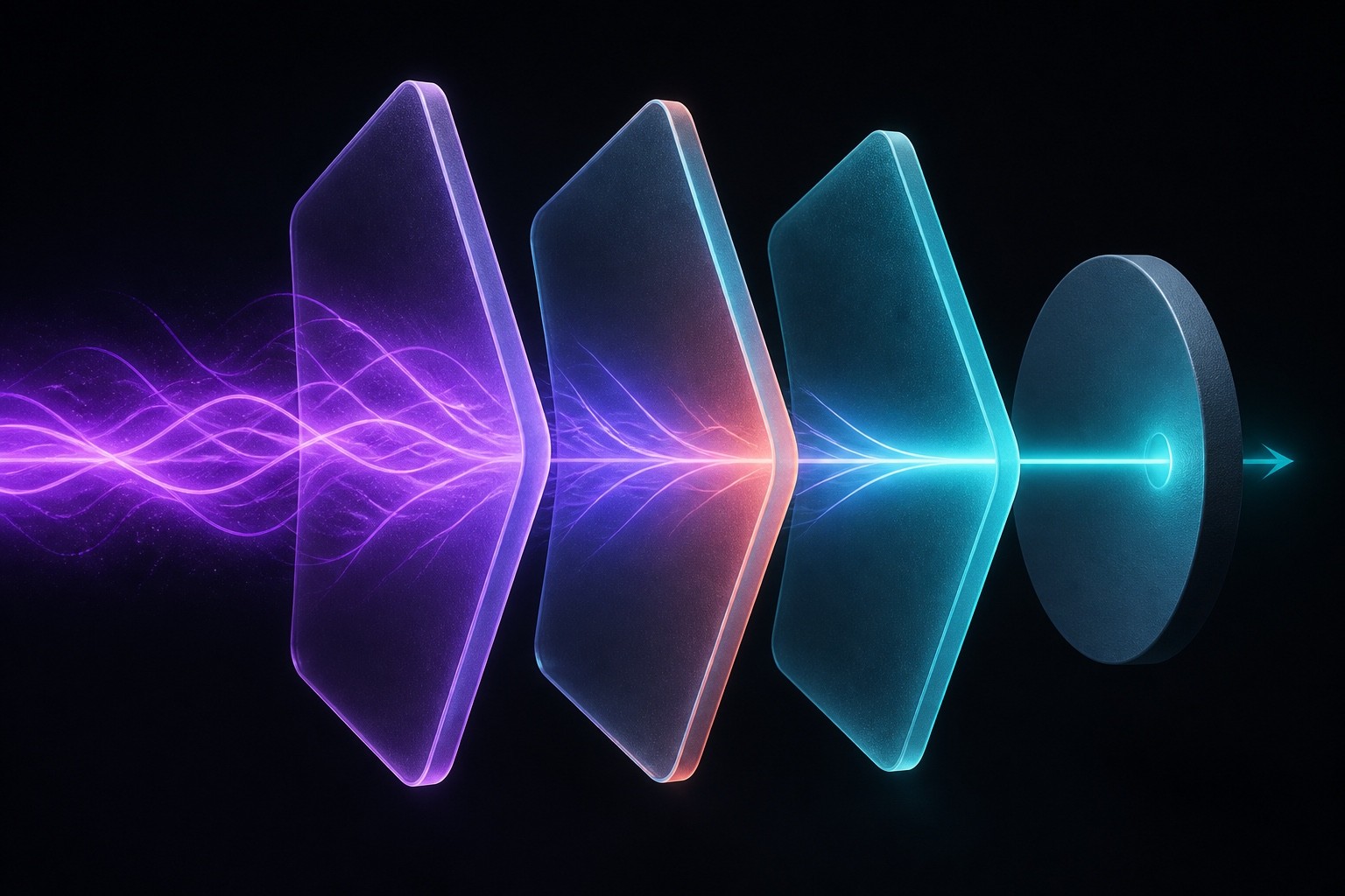 A violet signal passes through layered translucent gates and resolves into one bright cyan path.