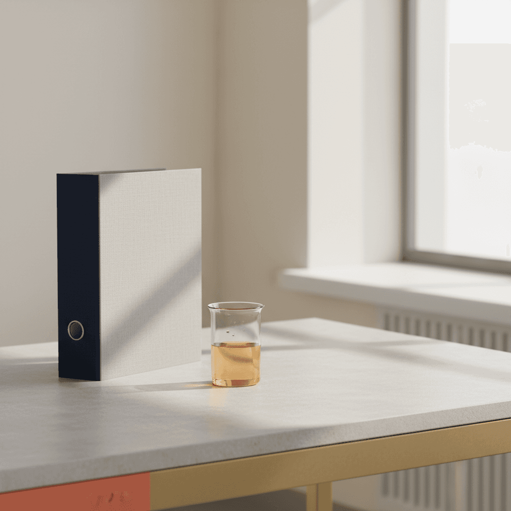 An editorial photograph of a pristine, minimalist laboratory bench. On the left side, a single, closed binder with a navy blue (#1F3B5B) spine sits next to a small, amber-colored glass beaker. The background is a soft-focus wall in a warm off-white (#F5F2EC). The lighting is natural and diffuse, coming from a window off-camera to the right, creating soft shadows. The overall mood is sterile, organized, and calm. Aspect ratio 1.91:1. No text, logos, or people. Banned visuals: No neon glow, no holograms, no floating digital brains, no circuit overlays, no blue purple AI gradients, no futuristic cityscapes, no reaching hands with particles, no stock business handshake, no word clouds, no text-heavy hero images, no watermarks.