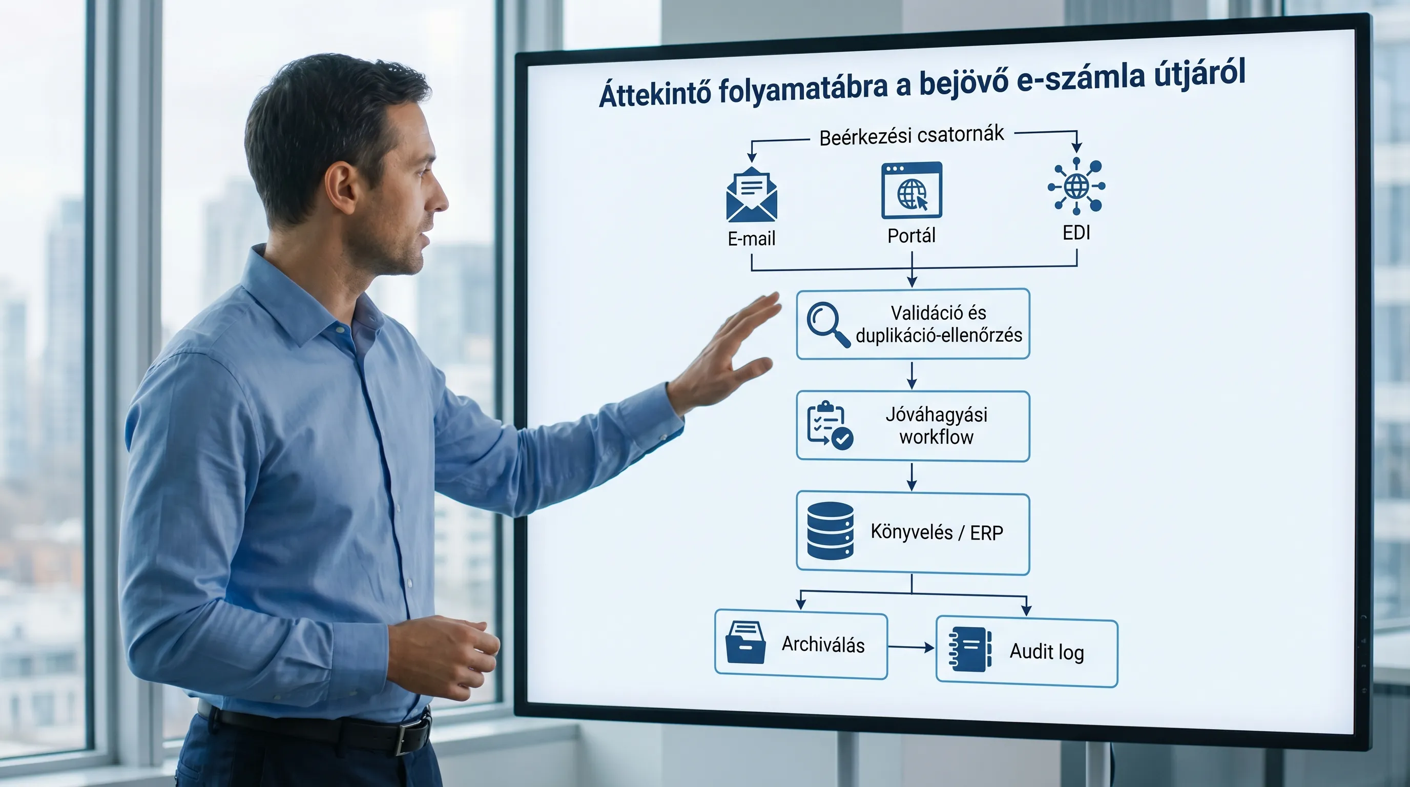Overview flowchart of the incoming e-invoice process: receipt channels (email, portal, EDI), validation and duplicate check, approval workflow, accounting/ERP, followed by archiving and audit log.