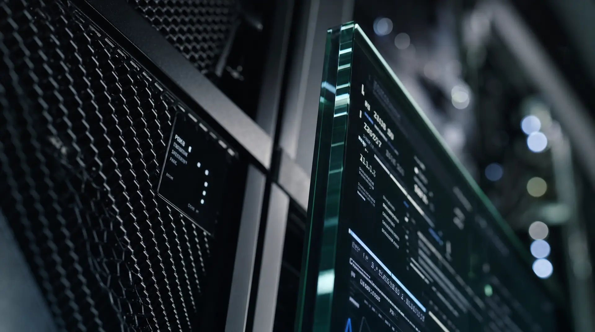 Close-up of illuminated server displays and code streams, reflecting tech SEO strategies for search visibility.