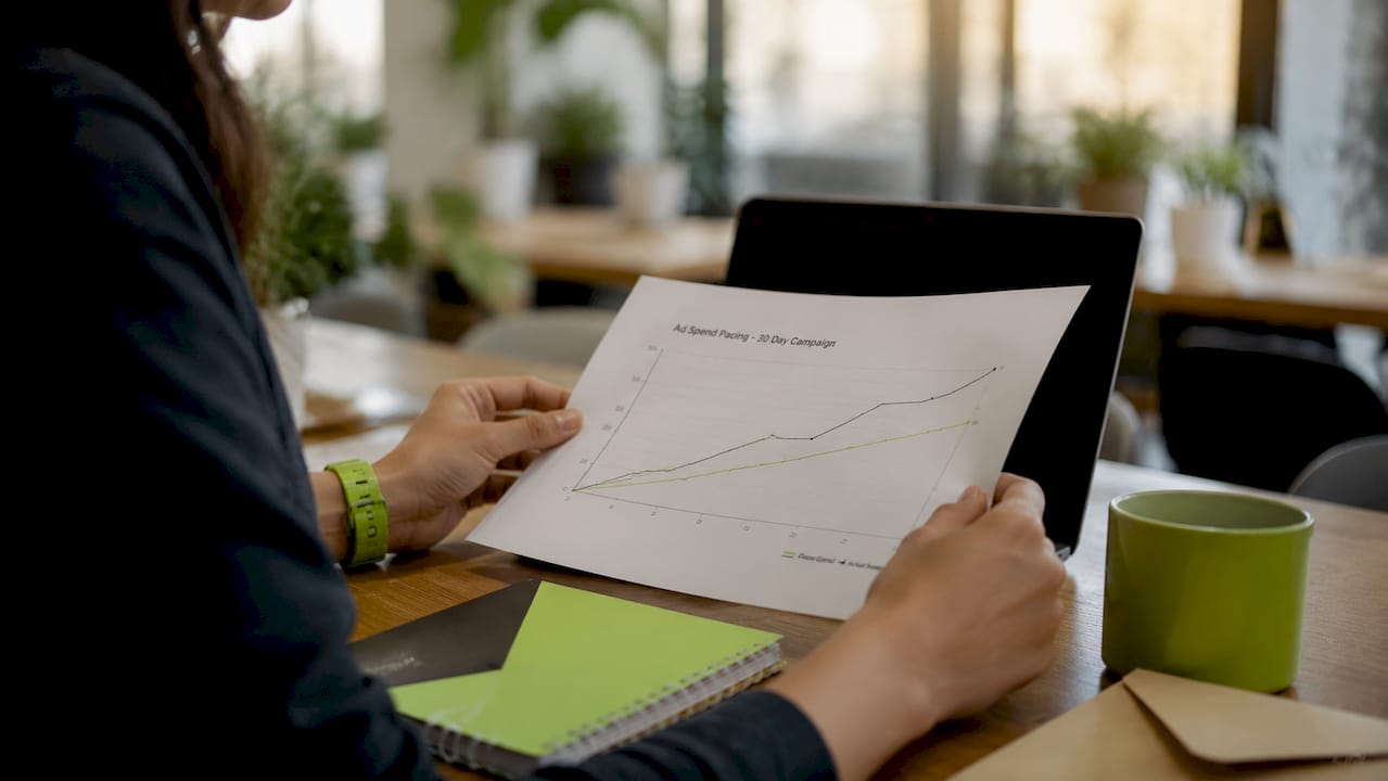 Close-up of hands reviewing ad spend charts